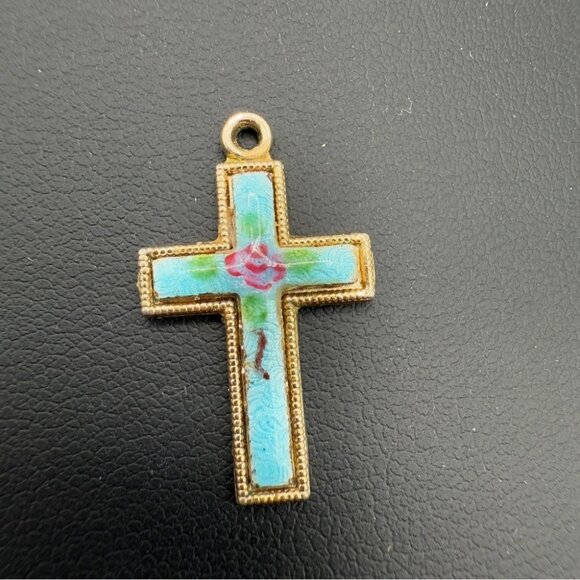 Vintage Blue Enamel Handpainted Floral Cross - Picture 12 of 14